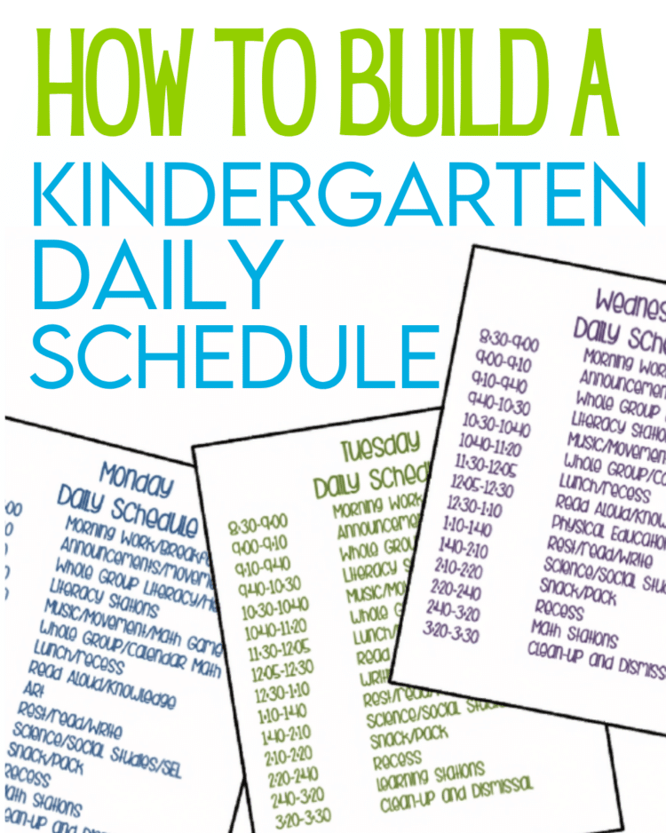 See a simple full-day kindergarten daily schedule with morning work, literacy, math, centers, rest, read alouds, recess, dismissal, and classroom routine tips.