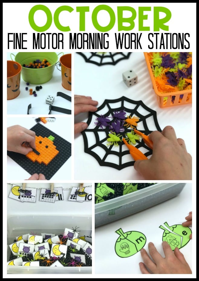 These fine motor morning work station ideas are just the thing to engage your students and create a classroom of enthusiastic learners.  Fine motor bins provide you with a month of hands-on activities that will keep your kindergarten students on task and loving their morning rotations.  Morning work is a great alternative to worksheets.  Familiar activities build from month to month and skills gradually expand.  Students love the fall themes of October--spiders, bats, pumpkins and cute monsters.