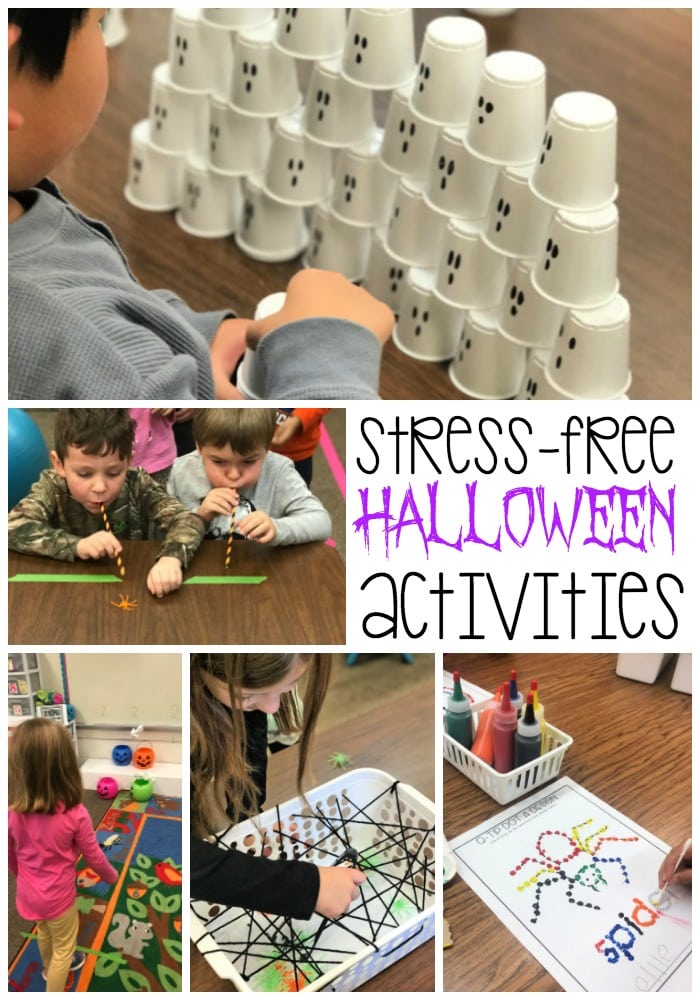 This blog post includes stress-free activities which are perfect for a party at home or in the classroom. Games and ideas are fun and engaging with low prep for teachers or parents. Perfect for kids in PreK, kindergarten or first grade, these ideas include simple crafts, movement games, stem challenges and tons of fun. The perfect plan for a successful Halloween party.