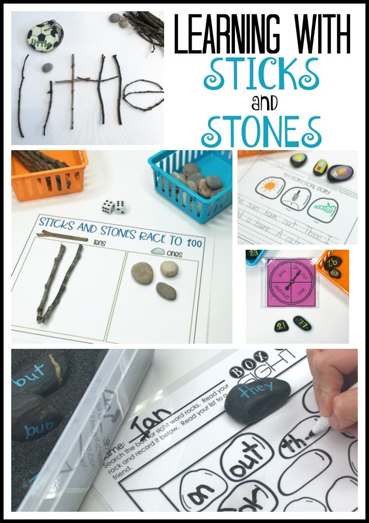 These at-home learning activities are perfect for young learners and you can find all the materials right in your own backyard.  Kindergarten students will find these math and ELA games, activities and ideas engaging. and fun.  They are hands-on while still addressing important essential skills.  The free printables will give you everything you need to learn with sticks and stones.