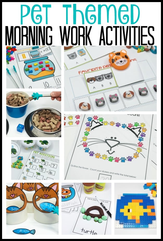 Make morning work fun with these pet themed station activities. You'll find 33 activities that will engage your kindergarten students in meaningful and fun math and literacy activities. So much hands on, developmentally goodness in one packet. Grab some bins and get started!