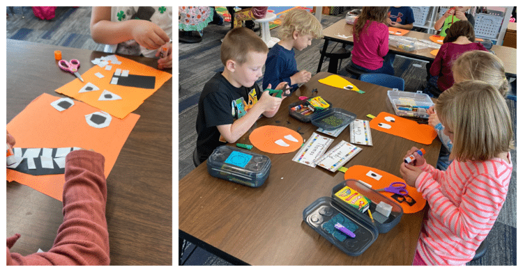 Students creating the pumpkins from paper.